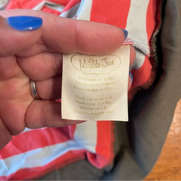 Matilda, Jane red coral blue striped dress olive trim size 12 - Picture 3 of 7